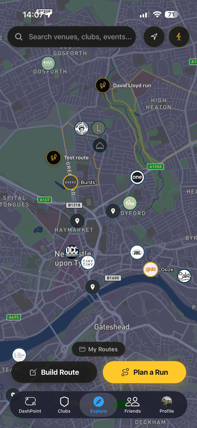 DashPoint explore map showing venues and clubs