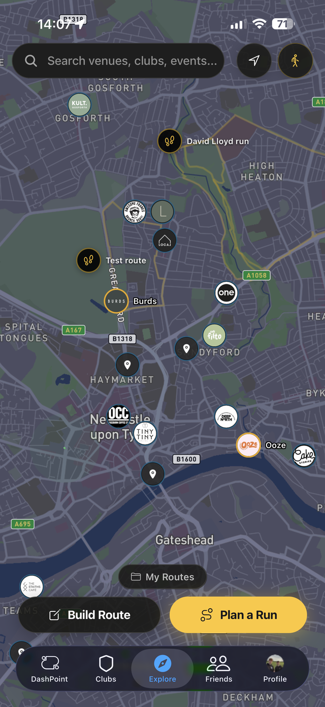 DashPoint explore map showing venues and clubs