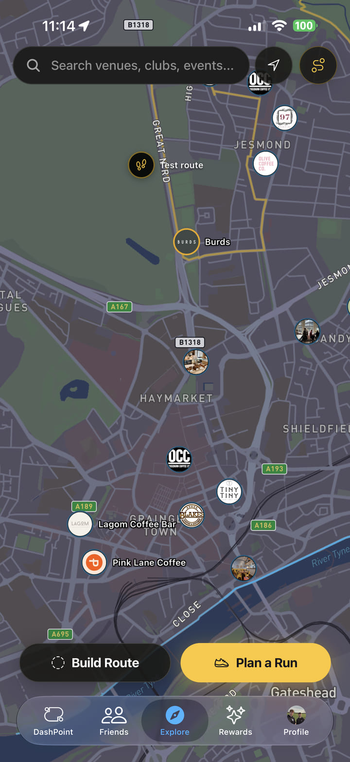 DashPoint app explore map of Newcastle showing partner coffee venues, run clubs and a planned running route