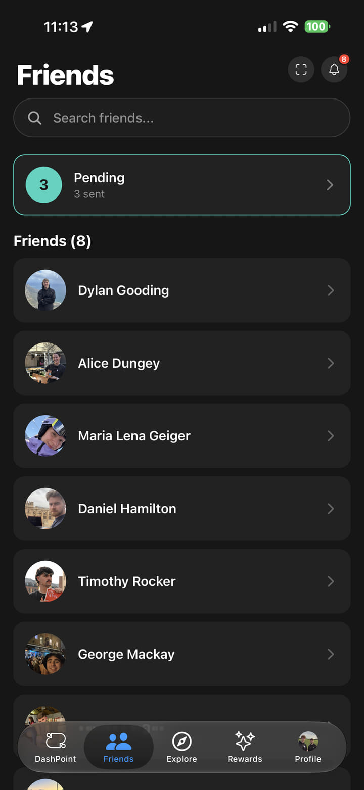 DashPoint app friends screen listing running friends and pending friend requests