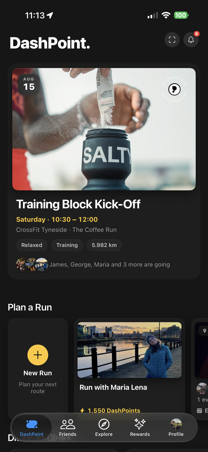 DashPoint app home screen showing an upcoming run club event with the time, venue, distance and who else is going